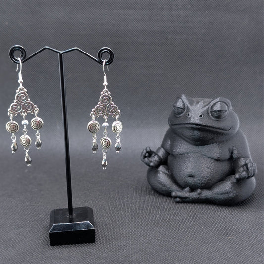 ✨Triskeligo✨ | Silver Triple Spiral Chandelier Earrings with Faceted Black Drops