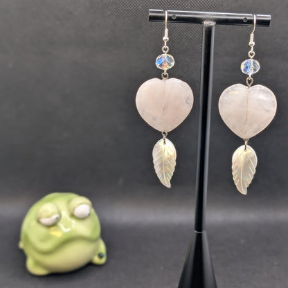 ✨Blushplume✨| Rose Quartz Heart & Natural Shell Feather Statement Earrings