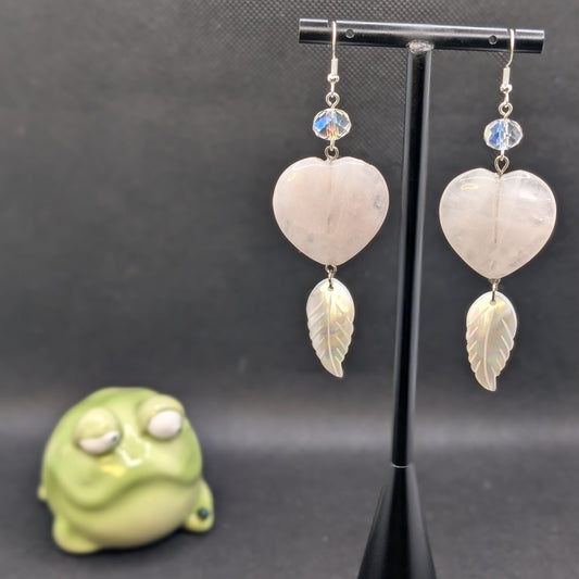 ✨Blushplume✨| Rose Quartz Heart & Natural Shell Feather Statement Earrings