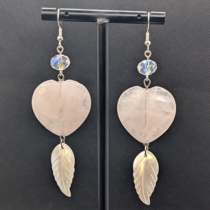 ✨Blushplume✨| Rose Quartz Heart & Natural Shell Feather Statement Earrings