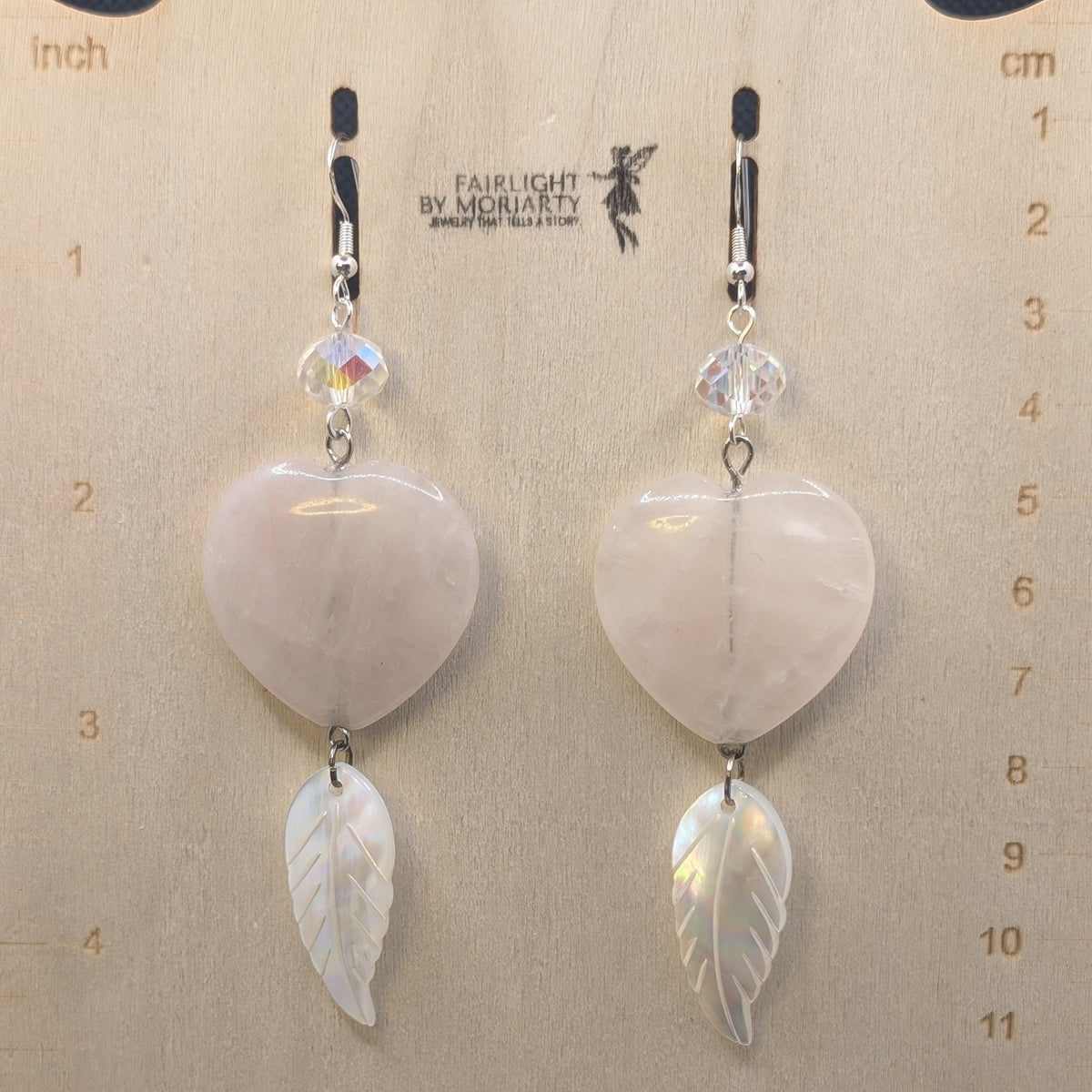 ✨Blushplume✨| Rose Quartz Heart & Natural Shell Feather Statement Earrings
