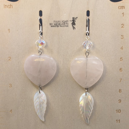✨Blushplume✨| Rose Quartz Heart & Natural Shell Feather Statement Earrings