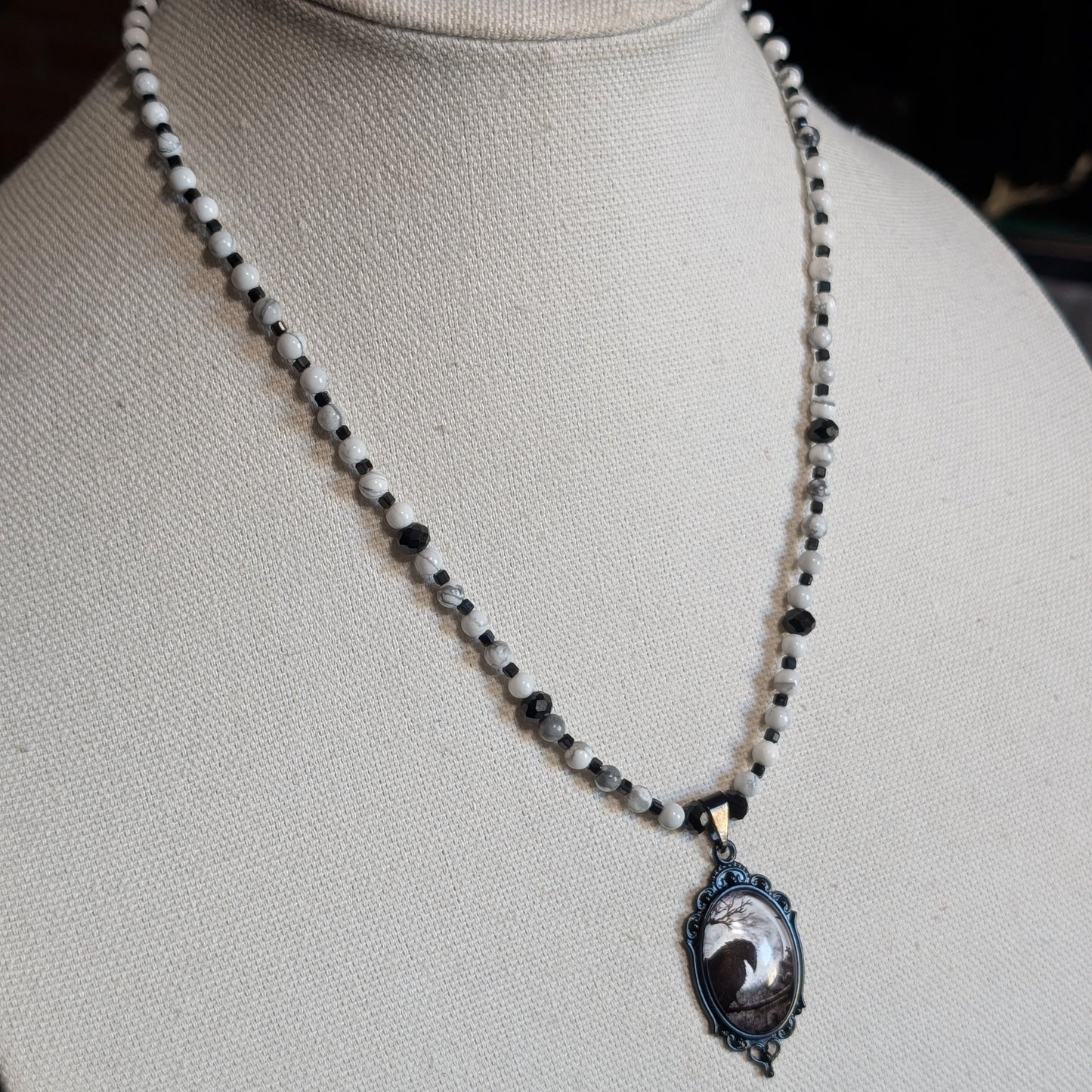 ✨Corvignette✨ | Howlite & Black Tourmaline Raven Cameo Necklace