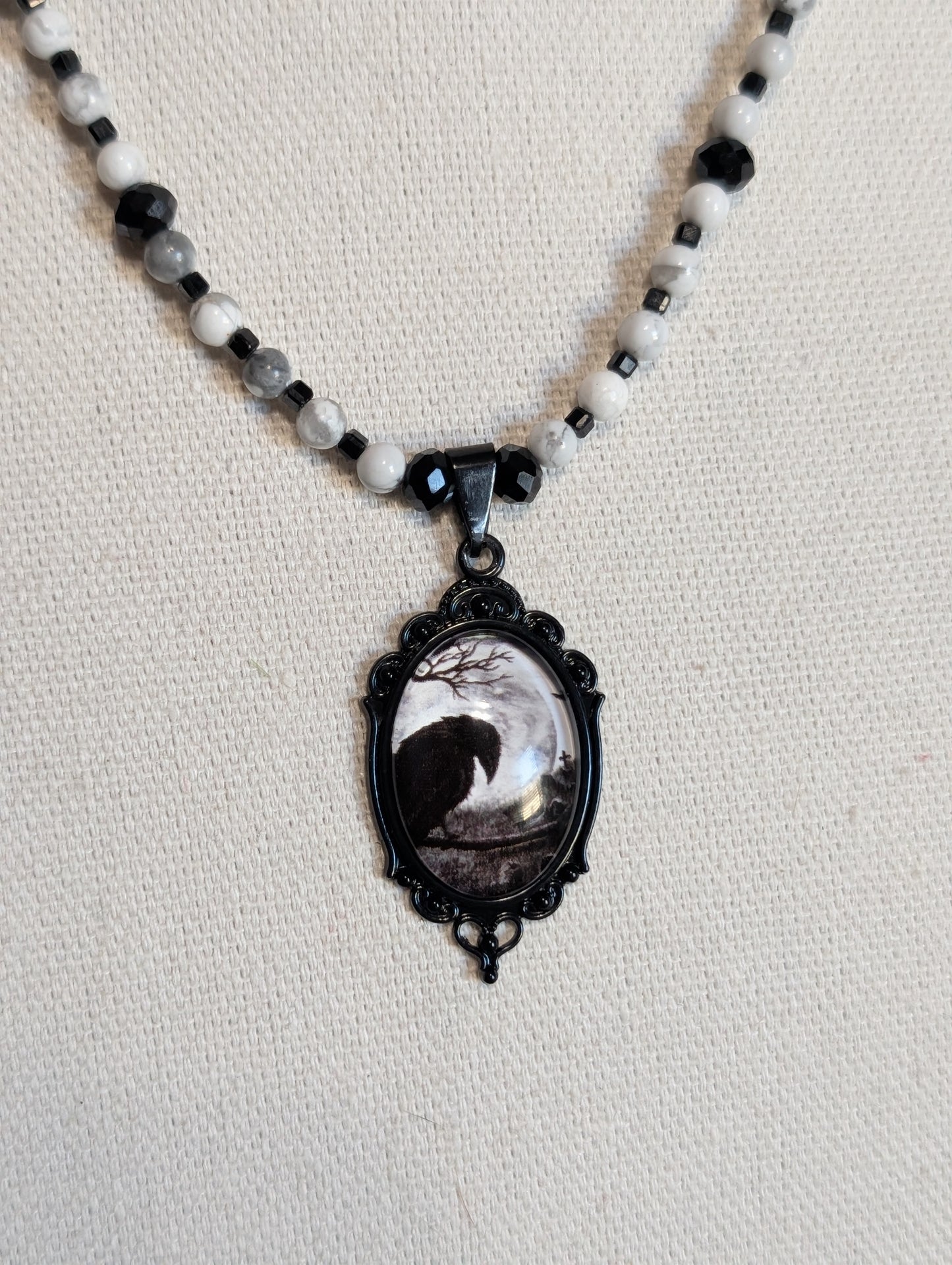 ✨Corvignette✨ | Howlite & Black Tourmaline Raven Cameo Necklace