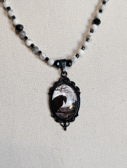 ✨Corvignette✨ | Howlite & Black Tourmaline Raven Cameo Necklace