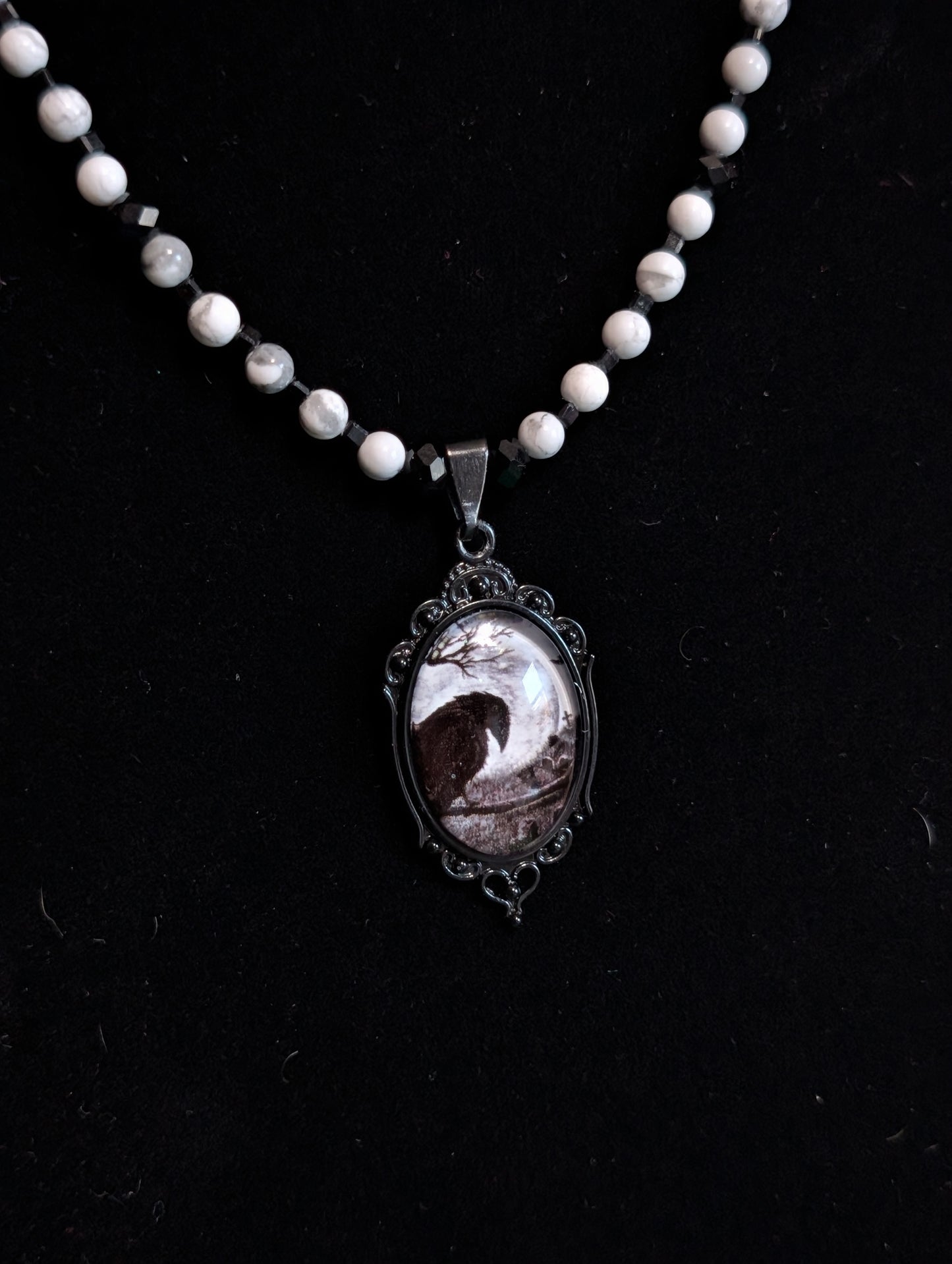 ✨Corvignette✨ | Howlite & Black Tourmaline Raven Cameo Necklace