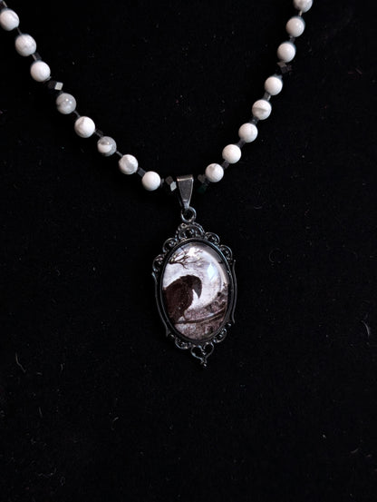 ✨Corvignette✨ | Howlite & Black Tourmaline Raven Cameo Necklace