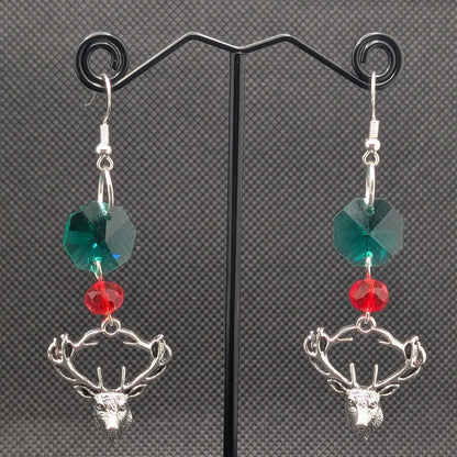 ✨Staggleam✨ | Silver-Tone Deer & Faceted Glass Dangle Earrings