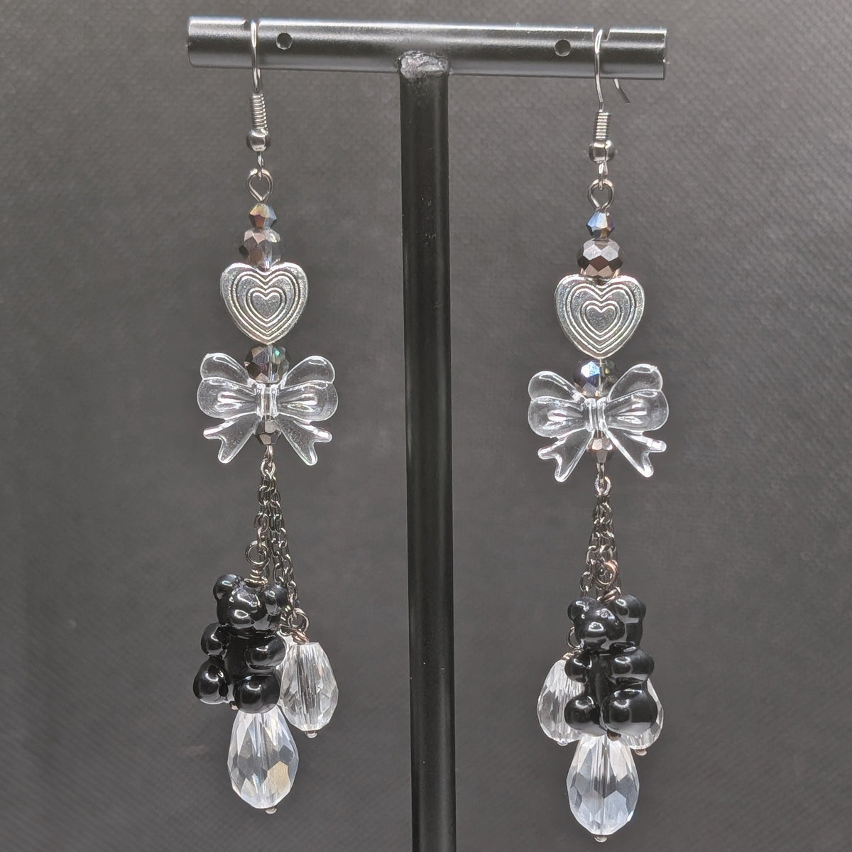 ✨Gummayhem✨ | Black Gummy Bear, Clear Bow & Crystal Drop Earrings