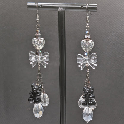 ✨Gummayhem✨ | Black Gummy Bear, Clear Bow & Crystal Drop Earrings