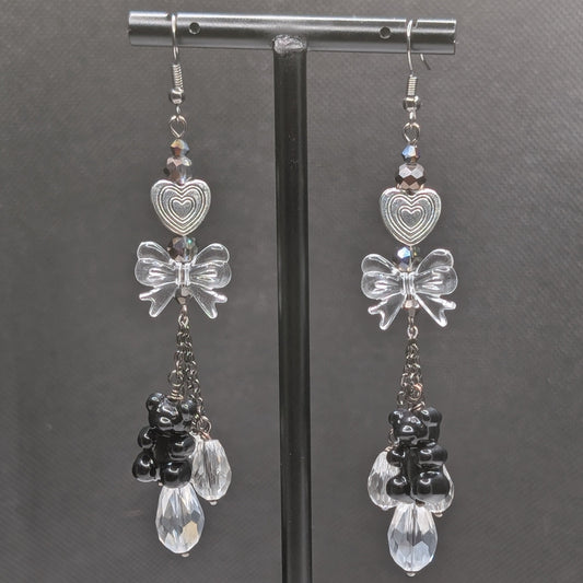 ✨Gummayhem✨ | Black Gummy Bear, Clear Bow & Crystal Drop Earrings