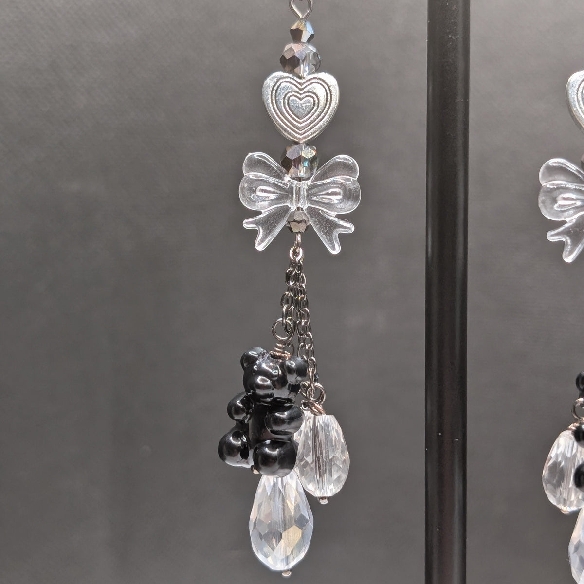 ✨Gummayhem✨ | Black Gummy Bear, Clear Bow & Crystal Drop Earrings