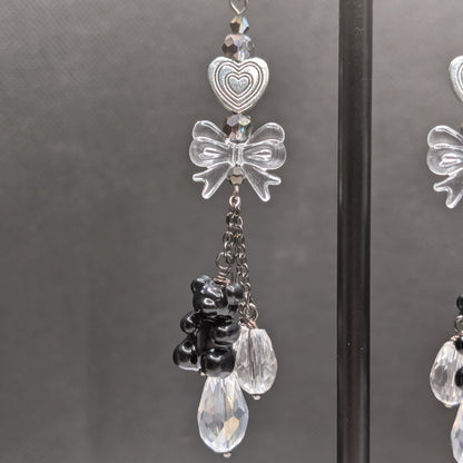 ✨Gummayhem✨ | Black Gummy Bear, Clear Bow & Crystal Drop Earrings