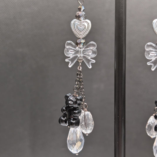 ✨Gummayhem✨ | Black Gummy Bear, Clear Bow & Crystal Drop Earrings