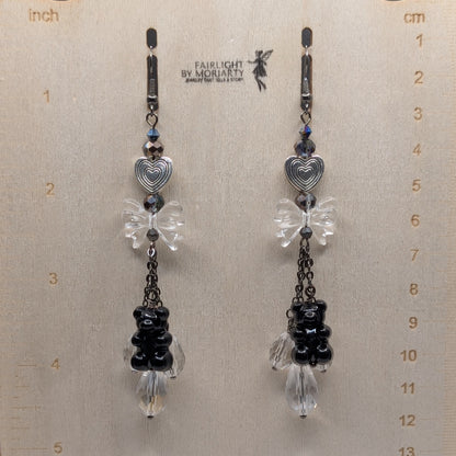 ✨Gummayhem✨ | Black Gummy Bear, Clear Bow & Crystal Drop Earrings